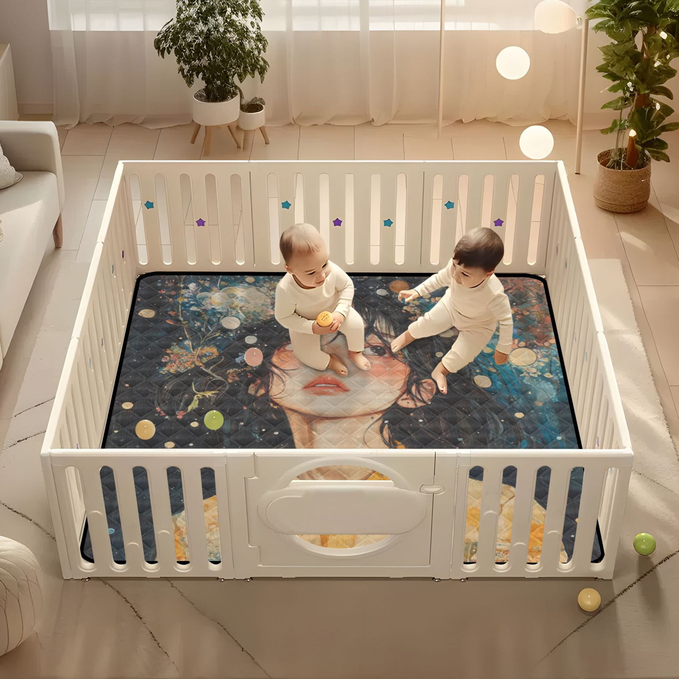 WOBOGO Black Hair Lass Baby Playmats Extra Large Waterproof Rollable Activity Pads for Toddlers 50×50inch