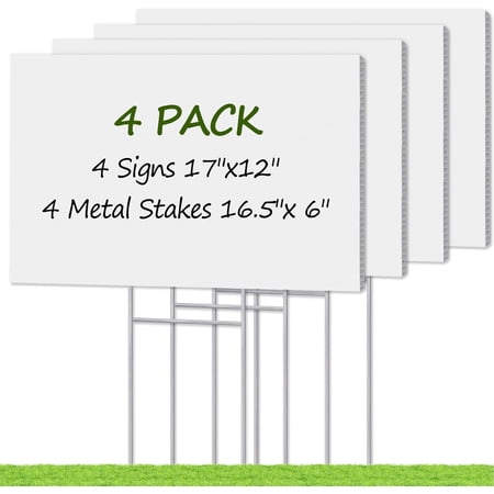 4 Pack Blank Yard Signs with Metal Stakes, 17 x 12 inches Corrugated Plastic Board Signs, Custom Yard Sign for Yard Sale Sign Outdoor, Garage Sale, Open House, Estate Sale, Guidepost, Birthday
