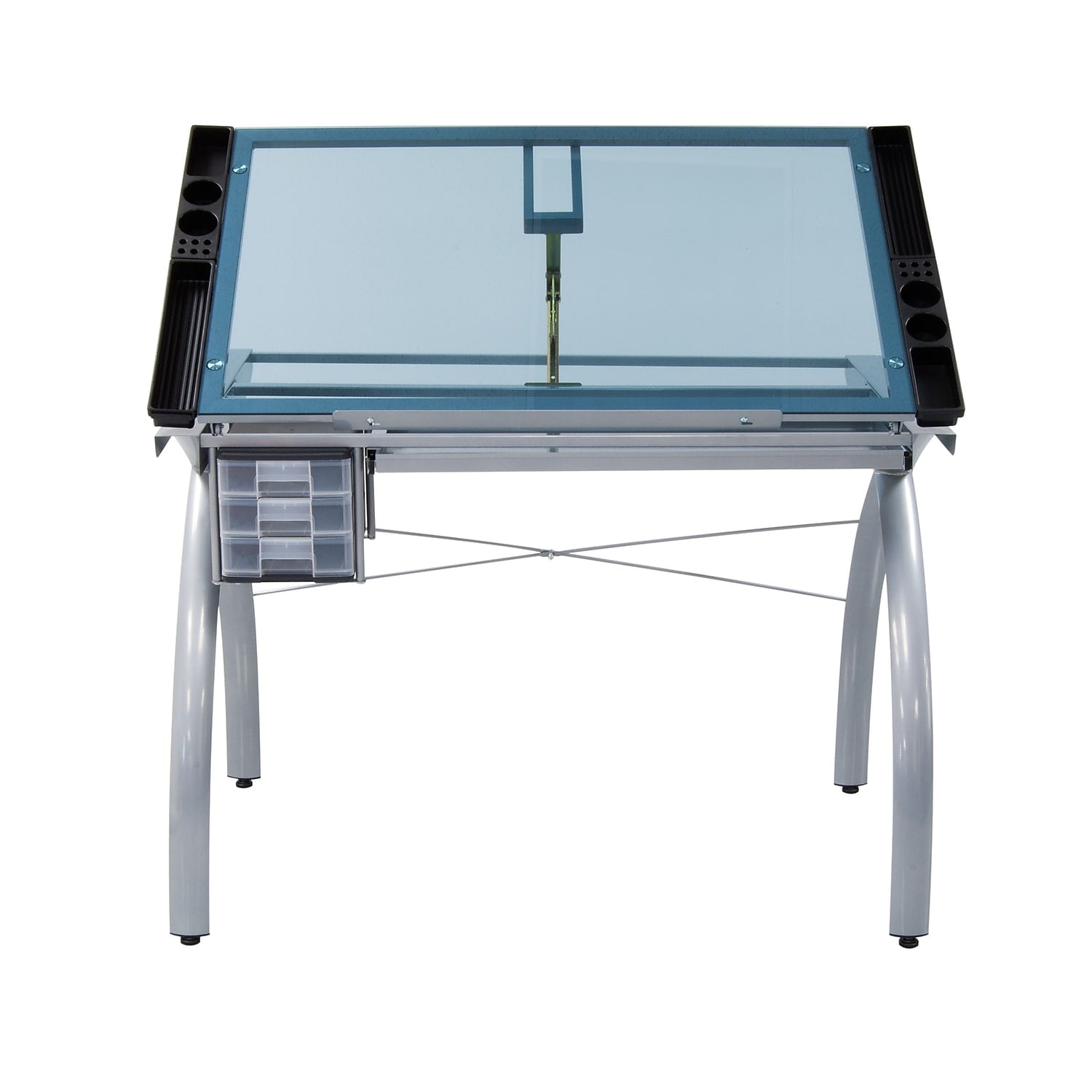 Studio Design Futura Craft Station Tempered Silver Blue Glass Drawing Table