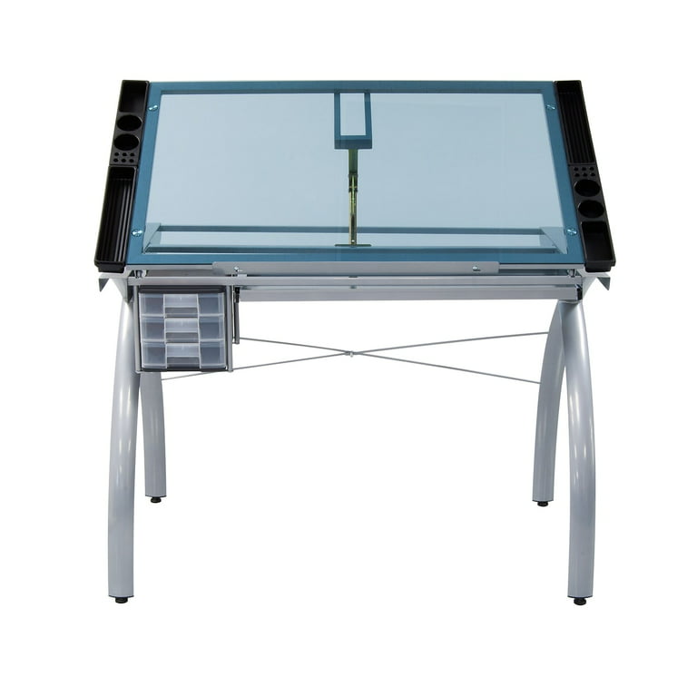 Studio Designs Futura Craft Station Work Table with Adjustable Safety Glass Top, Silver/Blue