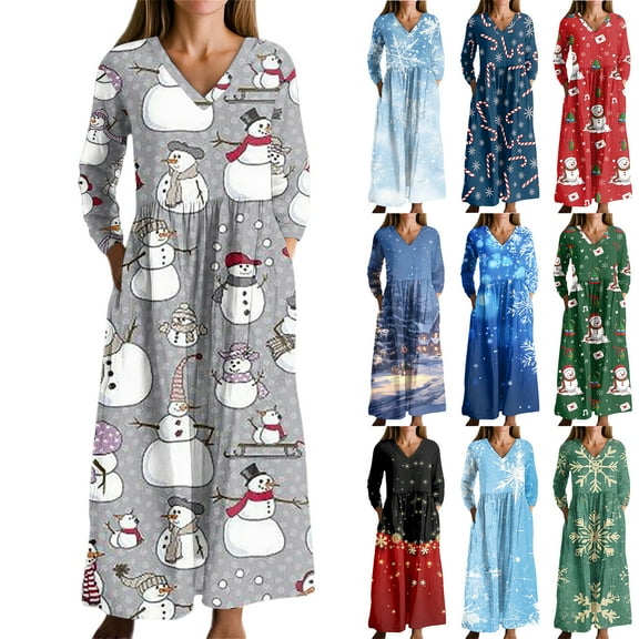 Christmas Dresses for Women Women's Fashion Dress Spring V-neck Long Sleeve Dress with Christmas Print for Holiday Party,Blue,L