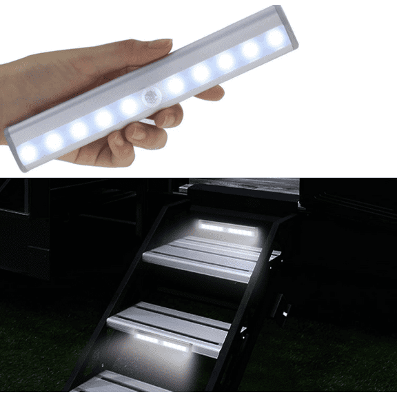 LQQBOX 1Pcs RV Step Lights Motion Activated, 10 LED Battery Operated Motion Sensor Stick Strip Lights, Magnetic Wireless Led Step Lights for Motorhome Travel Trailer, White