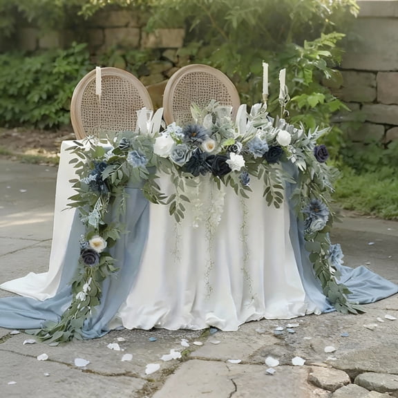 6FT Flower Garland,Dark Blue Artificial Eucalyptus Garland with Flowers Fake Greenery Faux Floral Vine Garland for Table Decor Wedding Archways Centerpieces Bridal Shower Party (1pc)