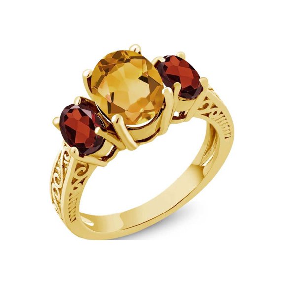 Gem Stone King 2.25 Ct Yellow Citrine Red Garnet 18K Yellow Gold Plated Silver 3-Stone Ring
