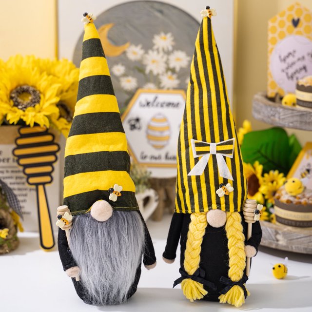 SUSUchens Muñeca gnomo Elemento del día de la abeja Adorno de elfo sin rostro Color girasol Sombrero largo Figura de gnomo Muñeca de tela Decoración del hogar Mujeres