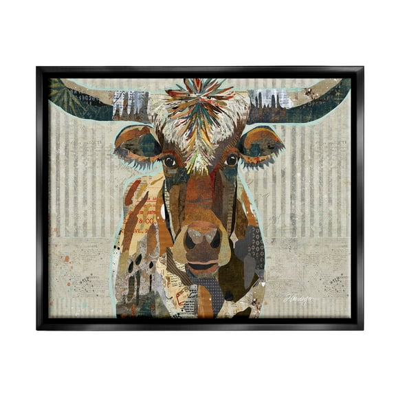 Stupell Industries Farm Cattle Striped Pattern Collage Graphic Art Jet Black Floating Framed Canvas Print Wall Art, Design by Traci Anderson