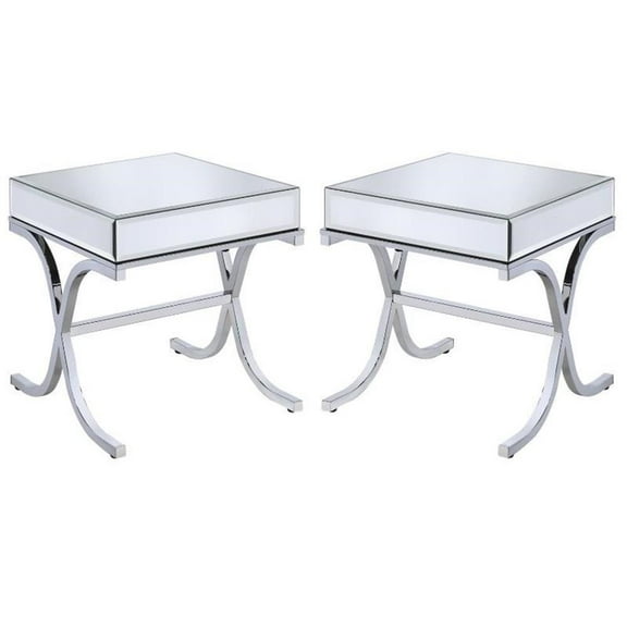 Home Square 2-Piece Furniture Square Mirror Top End Table Set in Chrome