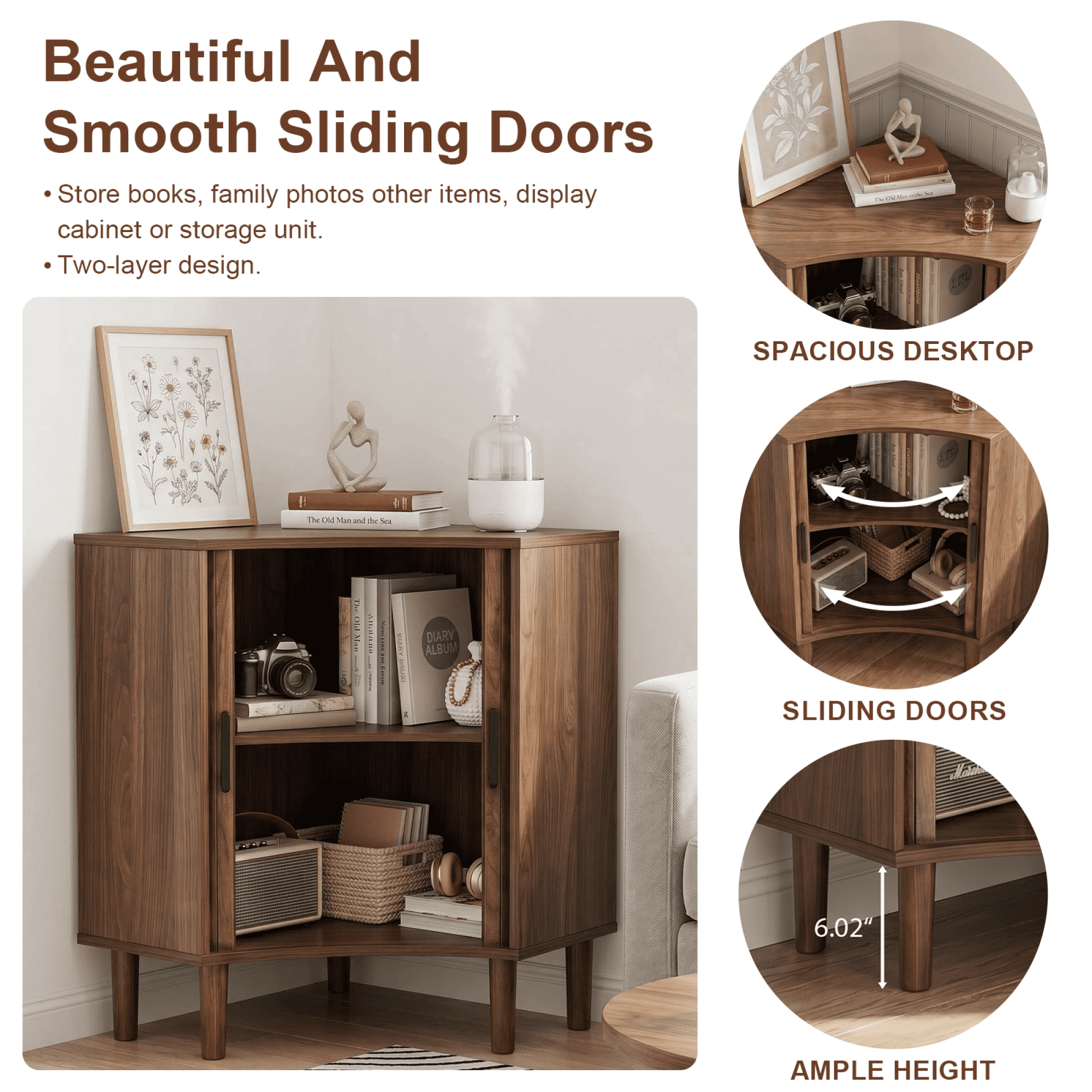 Leumius Fluted Corner Cabinet, Small Corner Floor Cabinet with Sliding Doors and Adjustable Shelves, Modern Wooden Freestanding Narrow Storage Cabinet for Living Room,Dining Room,Bathroom, Walnut