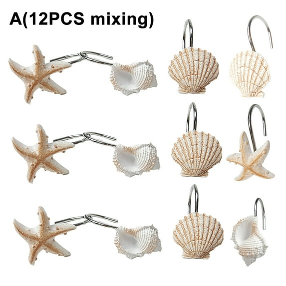 Grandest Birch 12Pcs Resin Seashell Conch Starfish Shower Curtain Hook Hanger Bathroom Decor Seashell Conch Starfish Design Organi