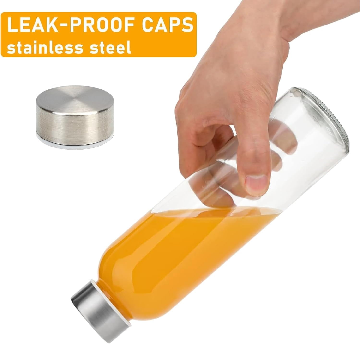 [12 Pack] 18 oz Glass Water Bottles with Lids, Juice Bottles, Clear glass juice bottle for juicing, Eco-Friendly Reusable Glass Juicing Bottles with Stainless Steel Lid, Free,Leak-Proof