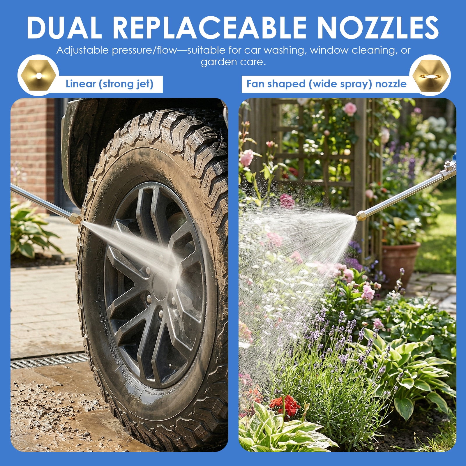 Jet Nozzle High Pressure Hose Nozzle with Extension Wand 2-in-1 High Pressure Power Washer for Car Washing Gutter Cleaning Watering with 2 Different Tips Quick Connectors and Gloves 18 Inch Blue