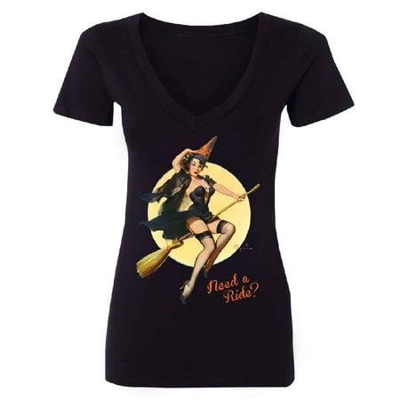 Pin up Girl Witch Need a Ride? Women's Deep V-neck Tee Black Small