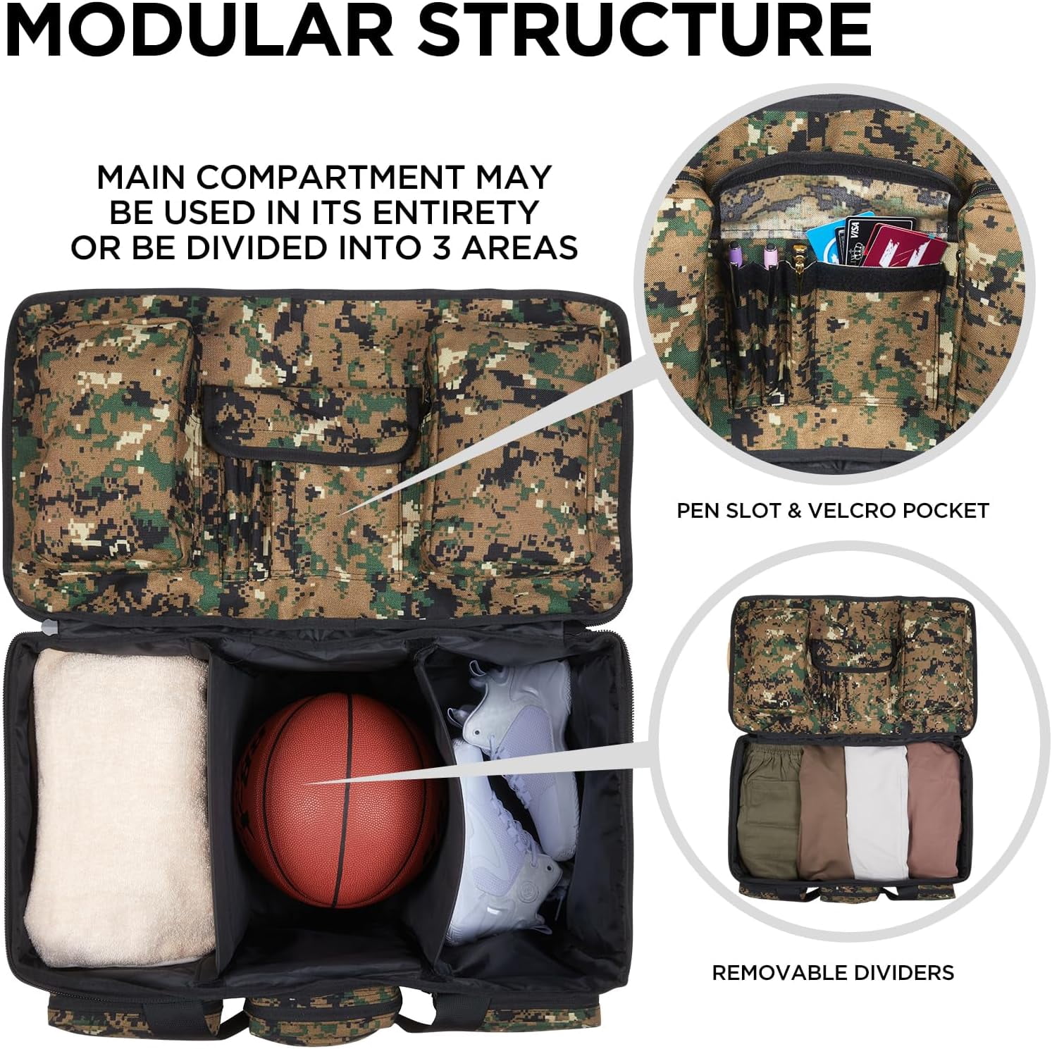 LuckySunDecorQZ 55L luggage bag with compartments and straps, suitable for men, large-sized sports and fitness luggage bag, suitable for weekend travel and camping (Camo Tan)