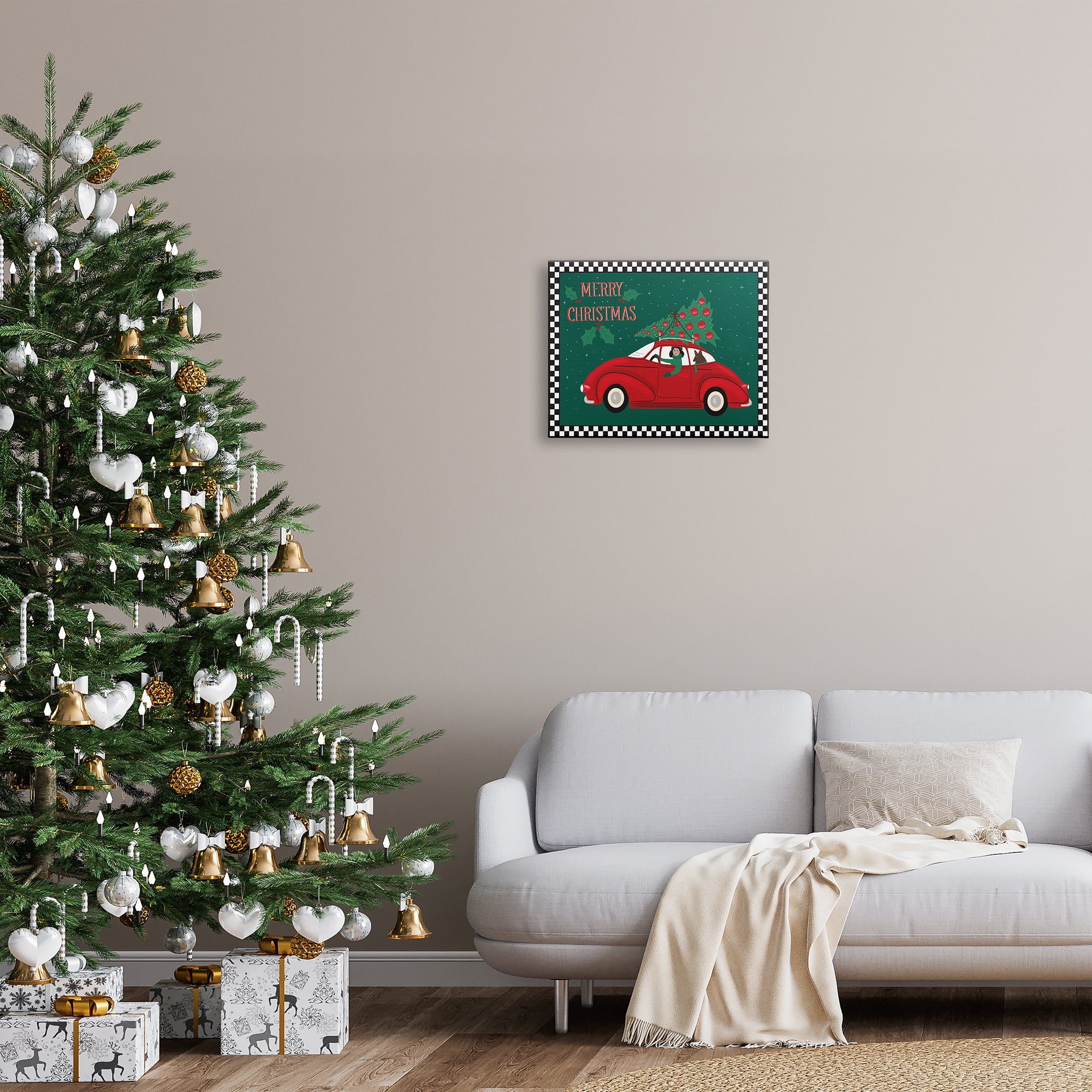 Stupell Indtries Merry Christmas Greeting Woman Sports Car Christmas Tree,20 x 16,Design by Darlene Seale