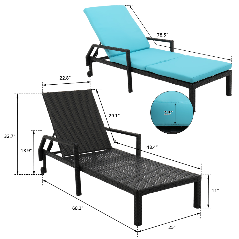 Outdoor Lounge Chair Set of 2, BTMWAY Adjustable Wicker Chaise Lounges for Patio, Outdoor PE Rattan Chaise Lounge Chairs with Blue Cushion and Wheels, Patio Furniture Recliner for Poolside Deck - image 5 of 14