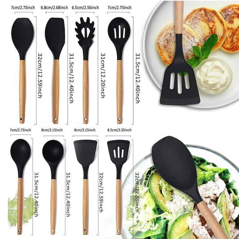 SKYCARPER Silicone Kitchen Utensils for Cooking - Non-Stick Silicone Cooking Utensils with Acacia Wood Handle - Heat Resistant & Flexible Silicone