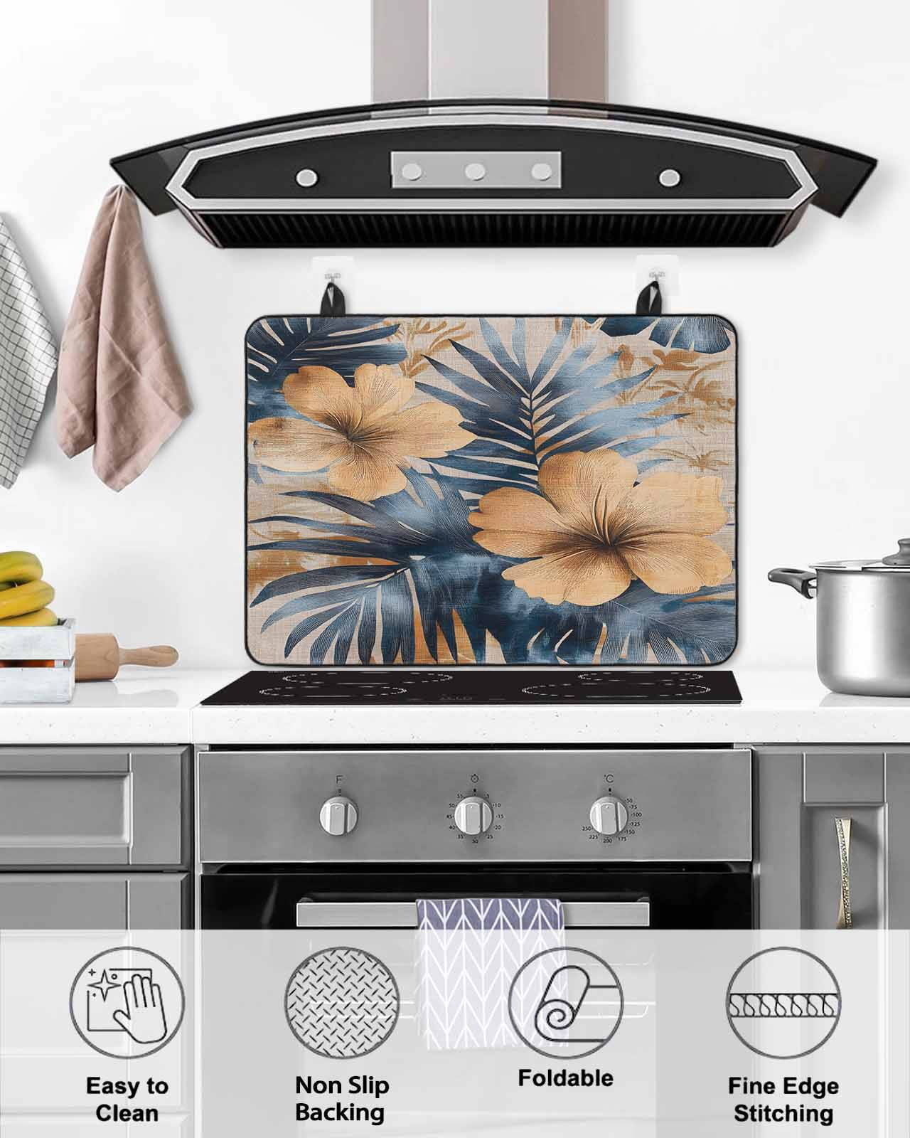 nqOlkjepod Large Induction Cooktop Protector Mat 24"x21", Blue Brown Botanical Stove Top Covers for Electric Stove, Summer Palm Leaf Flowers Elegant Stove Burner Cover Mats, Glass Top Stove Cover