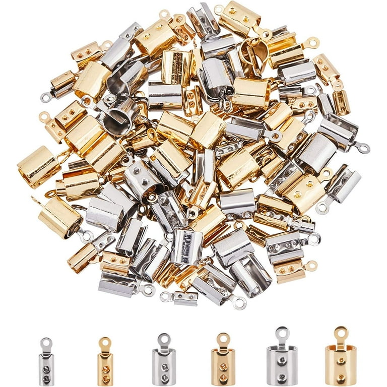 UNICRAFTALE 100pcs Crimps Ends for Jewelry Making, Golden & Stainless Steel  Color Folding Crimp Ends, Fold Over Cord Ends Jewelry Finding Kit for