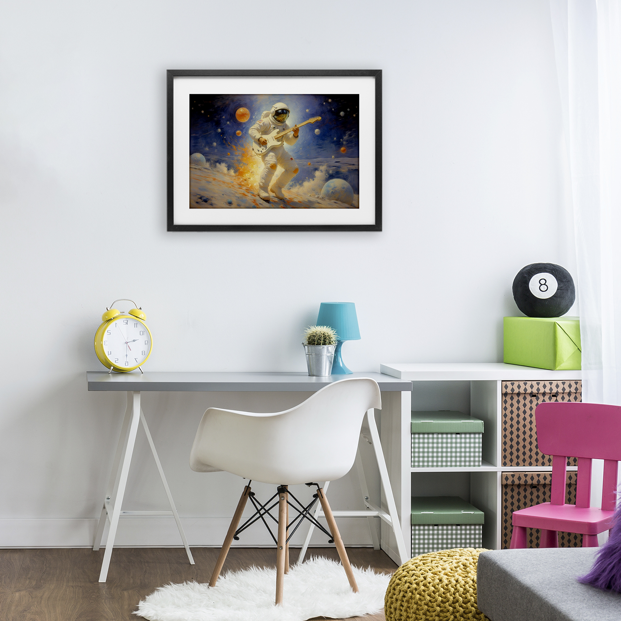 Space Astronaut Musician Black Framed Print Under Glass, design by Angie Hawke