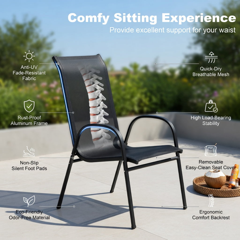 Hommoo 4-Pack Stackable Outdoor Dining Chairs with Armrests, Steel Frame, Ergonomic Design for Patio, Deck & Backyard, Black