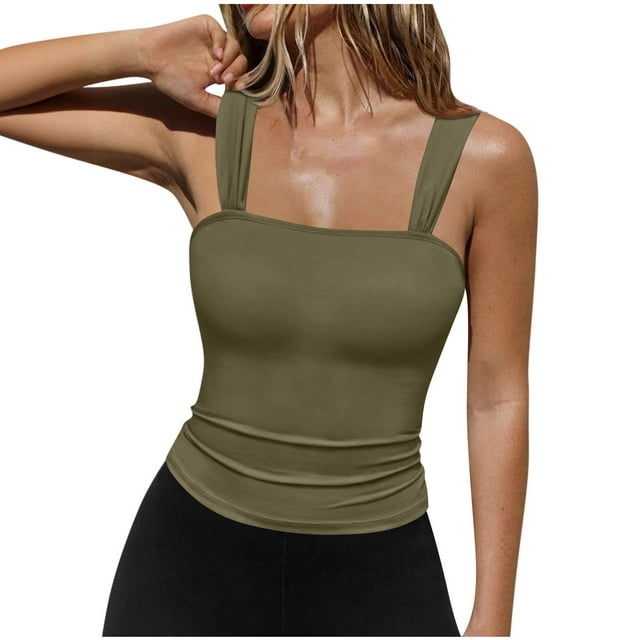 Blusa de poliéster para mujer, sin mangas, con cuello cuadrado y tirantes finos, de color liso