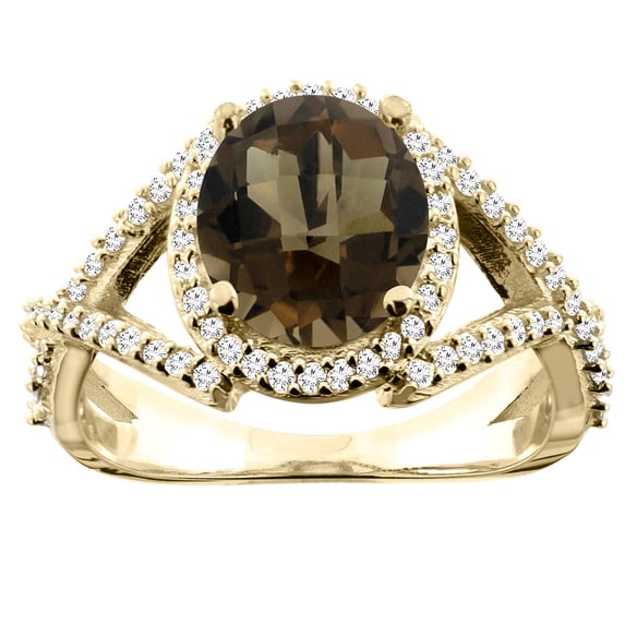10K Yellow Gold Natural Smoky Topaz Ring Oval 9x7mm Diamond Accent, size 5.5