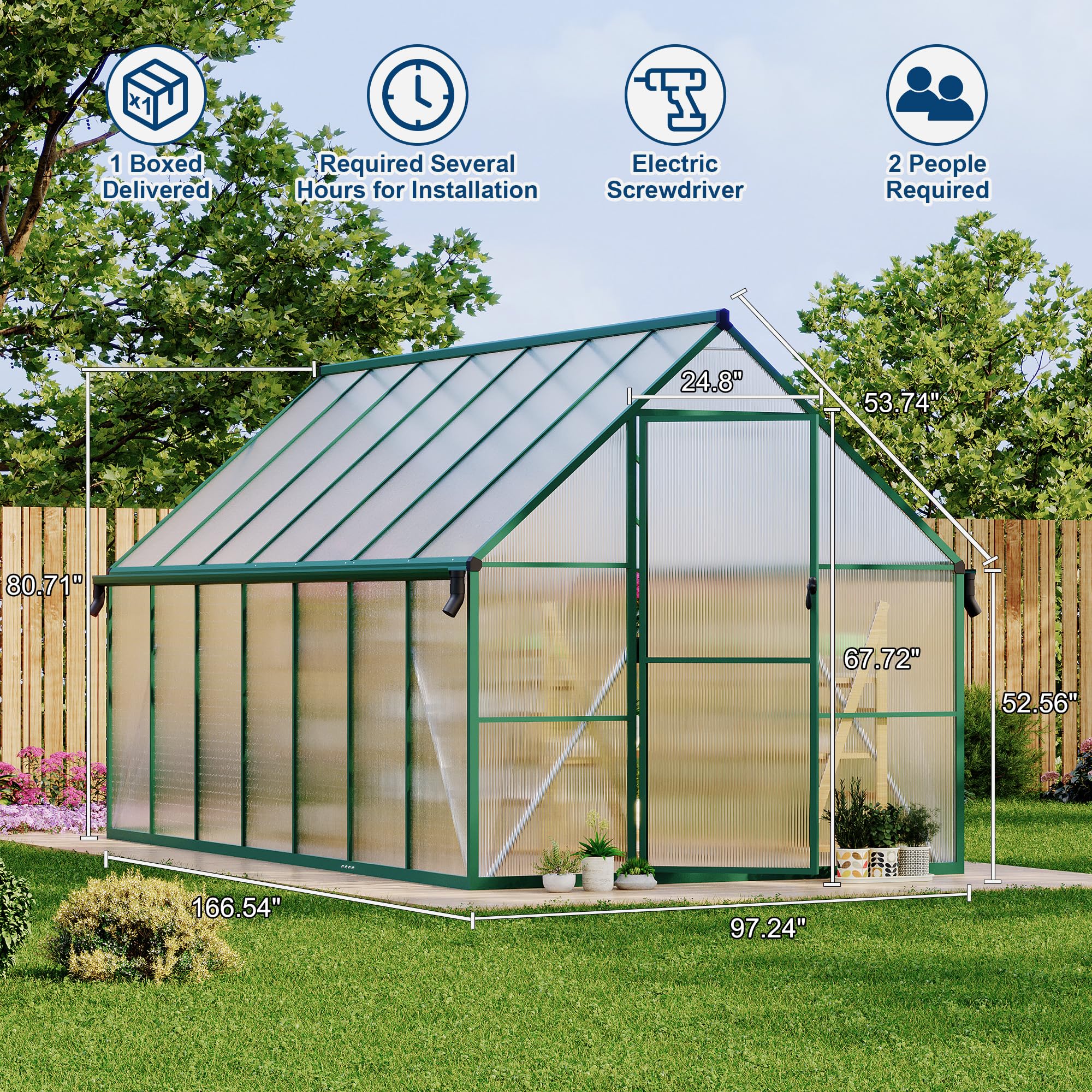 8 ft x 14 ft Aluminum PC Board Sun Room Outdoor Garden Greenhouse, Polycarbonate Board, Aluminum Frame, Weather Resistant Sunroom Enclosure, Green