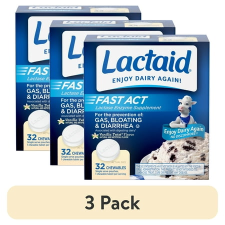 (3 pack) Lactaid Fast Act Lactose Relief Chewables, Vanilla, 32 Packs of 1 Count