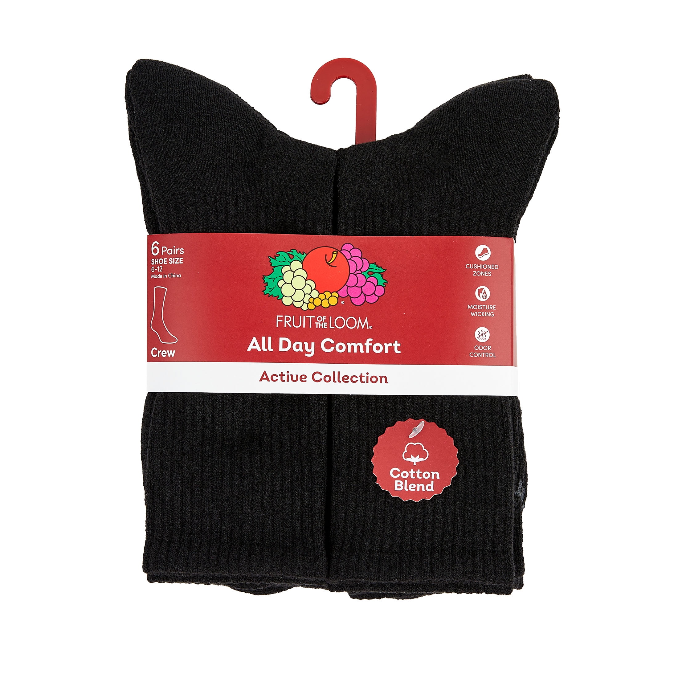 Fruit of the Loom Men's All Day Comfort Crew Socks, Sizes 12-15, Black (6-Pack)