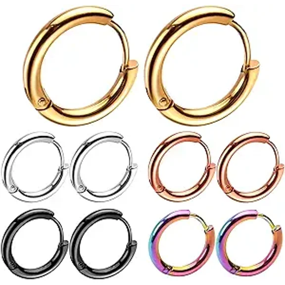 10pcs Titanium Stainless Steel Hoop Earrings 12mm Small Huggie Hoop Earrings Classic Simple Circle Earrings for Women and Men,5 Colors