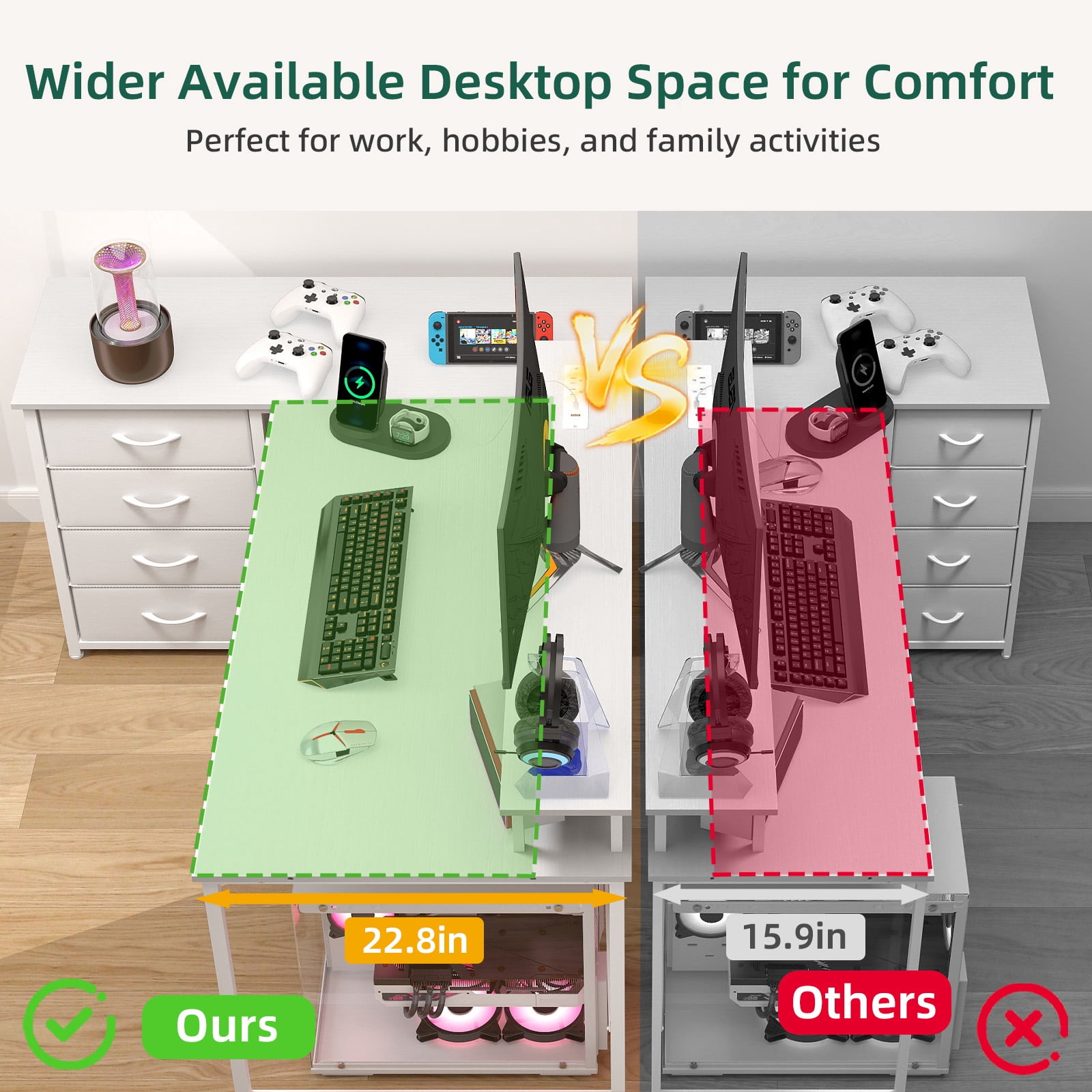 Eunos 53 inch L Shaped Gaming Desk with Power Outlets & LED Light, Computer Desk with 4 Tiers Drawers for Home Office, White
