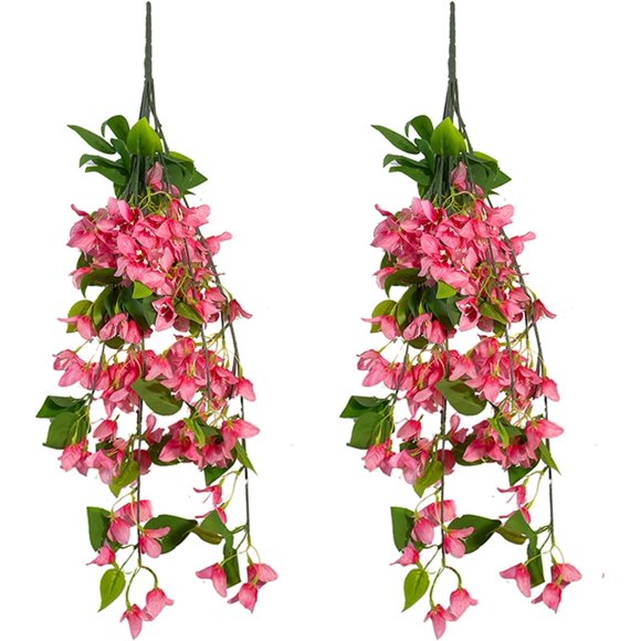 Artificial Bougainvillea Hanging Flowers for Outdoors, 2PCS Fake Bougainvillea Flowers Faux Silk Fabric, 29inch Vines UV Resistant Hanging Plant for Indoor Outdoor Front Door Porch Garden Summer, Pink