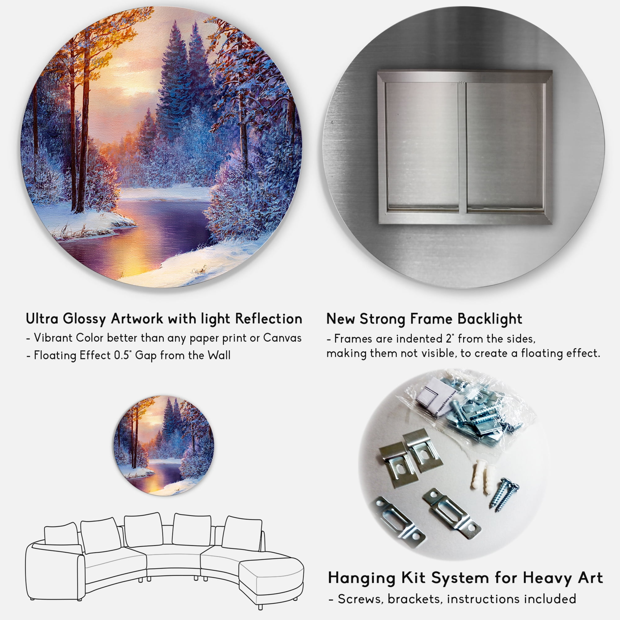 Designart 'Dark Blue Silhouettes of Trees With Winding River' Lake House Circle Metal Wall Art 29x29 - Disc of 29