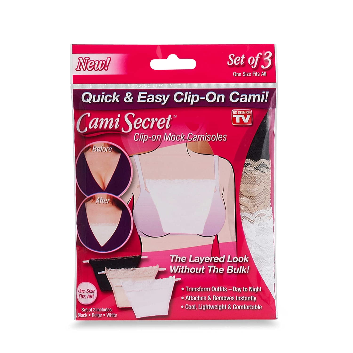 3 Pack Cami Secret Mock Clip Modesty Parody Panel White Black Beige