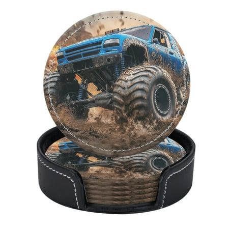 

PU Leather Coasters for Drinks Bar Beer Set of 6 with Holder Round Housewarming Gift Extreme Close-Up Of Blue And Black Off-Road Truck