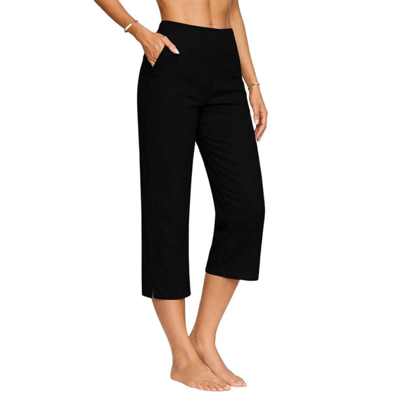 BODOAO Cotton Linen Capri Pants for Women Loungewear Cotton Linen Blend Straight Leg Elastic Waist Pants Wide Leg Capri Length Skin-friendly Loose Fit Travel Pants Black L