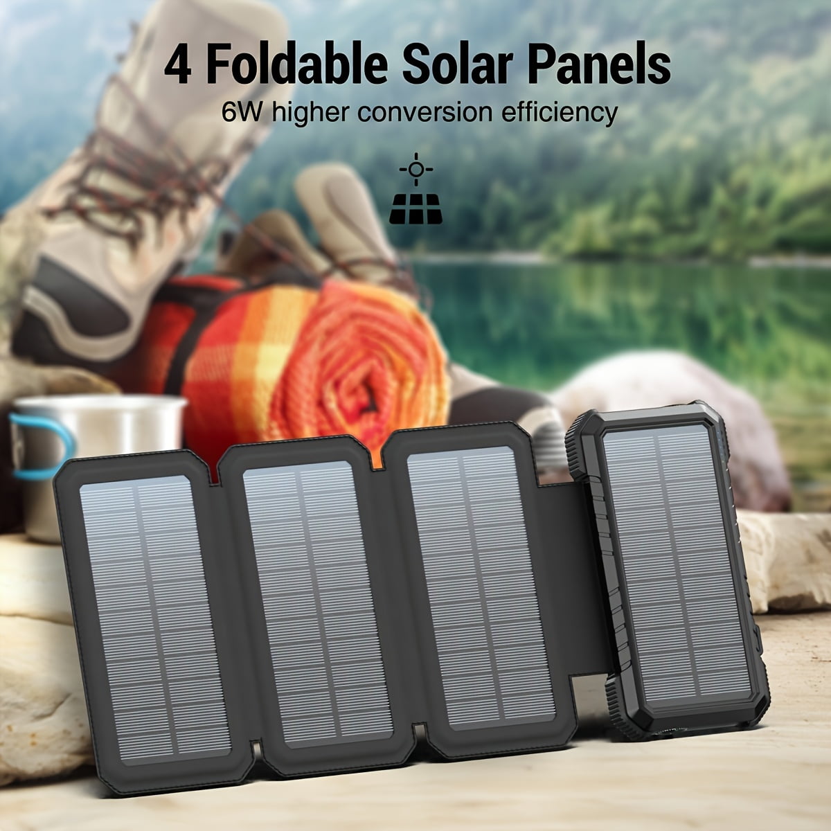 Solar Charger, 4 Foldable Panels, 18W Fast Charging Power Bank With 20000mAh Battery Pack, 4 USB Port, Solar Powered Charger With Camping Flashlight Compass, For Cell Phone