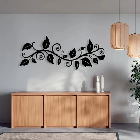 2Pcs Metal Tree Leaf Wall Decor, Long Iron Scroll Vine Wall Art Above, Rustic Hanging Sign Flowers Sculpture, For Above Door Living Room Office Indoor And Outdoor Decoration - Black
