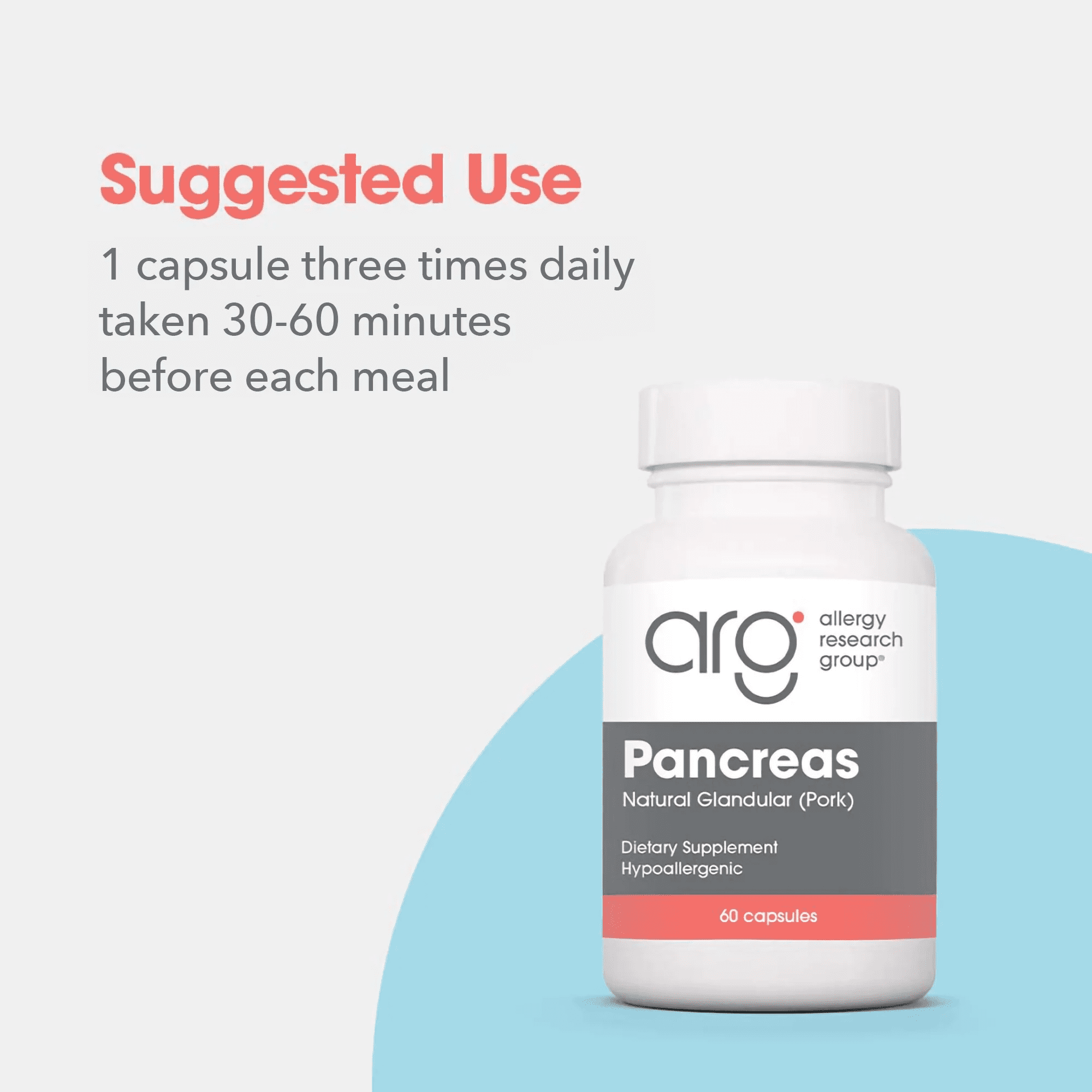 ARG Pancreas Natural Glandular - Supports Healthy Pancreas, Immune & Digestive Activity - 425 mg per Serving - Freeze Dried Tissue from Pork - 60 Servings - 60 Capsules