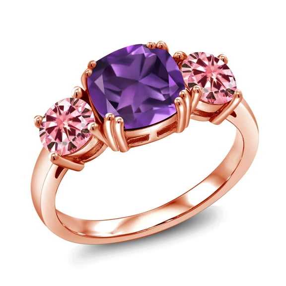 Gem Stone King 18K Rose Gold Plated Silver Purple Amethyst and Pink Moissanite 3 Stone Engagement Ring for Women (3.10 Cttw, Gemstone February Birthstone, Cushion 8MM, Size 9)
