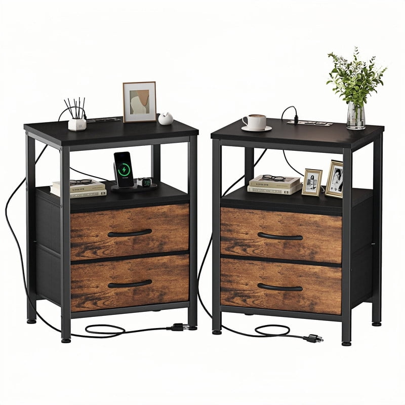 Kelno 2PCS Nightstand with 2 Fabric Drawers Charging Station USB TypeC Outlets Small Bedside Table with Open Storage Shelf, Black Brown