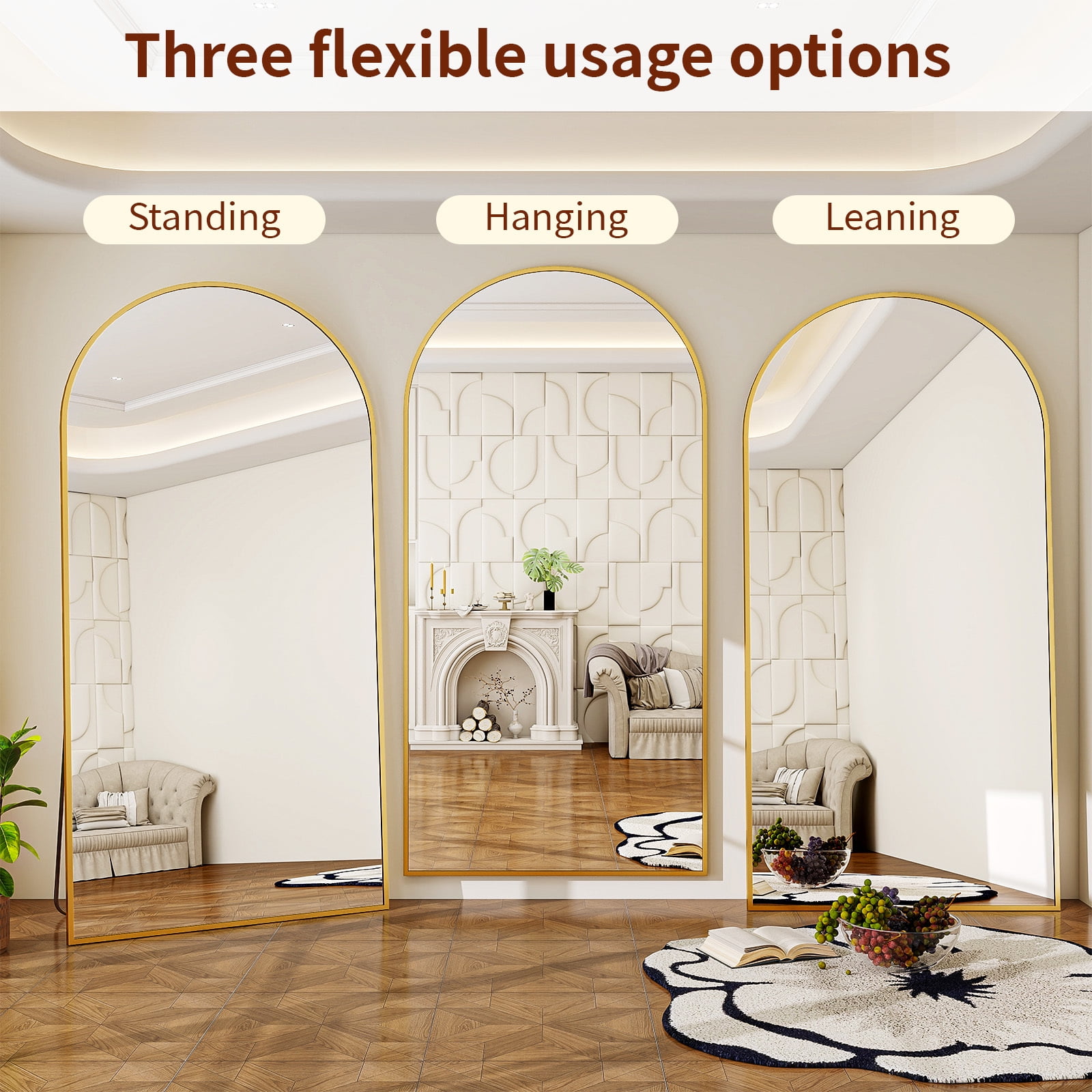 Anyrose 71"x30" Arched Full Length Mirror Floor Mirror Wall-Mounted Leaning Mirror, Gold
