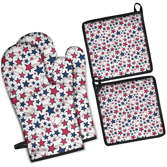 Red White Blue Baseballs and Stars Pattern Kitchen Oven Mitt and Pot Holder Sets 2 Pcs for Baking, Cooking and Grilling, Heat Resistant Up To 392 °F