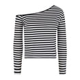 thumbnail image 5 of DAFPZW Women One Shoulder Top Striped Long Sleeve Shirts Tight Fitted Going Out Dressy Tops Tees Y2k Outfits, 5 of 7