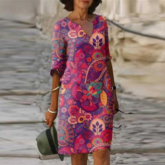 Summer Sale! HIMIWAY Dresses for Women 2023 Summer Casual Loose Babydoll Ruffles Casual Mini Flower Print V-Neck Short Sleeve A-line Dress Hot Pink XL