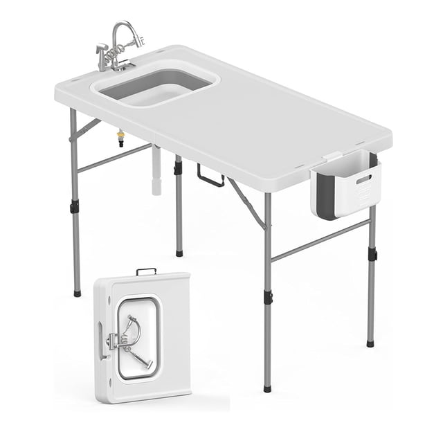 Fish Cleaning Table with Foldable Sink, Portable Camping Table with Faucet Drainage Hose & Sprayer, Outdoor Fish Fillet Cleaning Station for Camping, Patio, Kitchen, RV & Beach