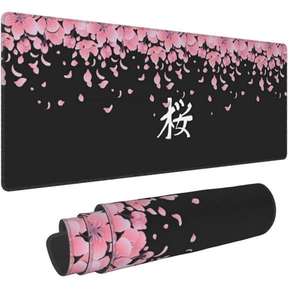 Sakura Extended Mouse Pad 31.5x11.8 Inch XL Japanese Word Cherry Blossom Flower Non-Slip Rubber Base Large Gaming Mousepad Stitched Edges Waterproof Keyboard Mouse Mat Desk Pad for Office Home
