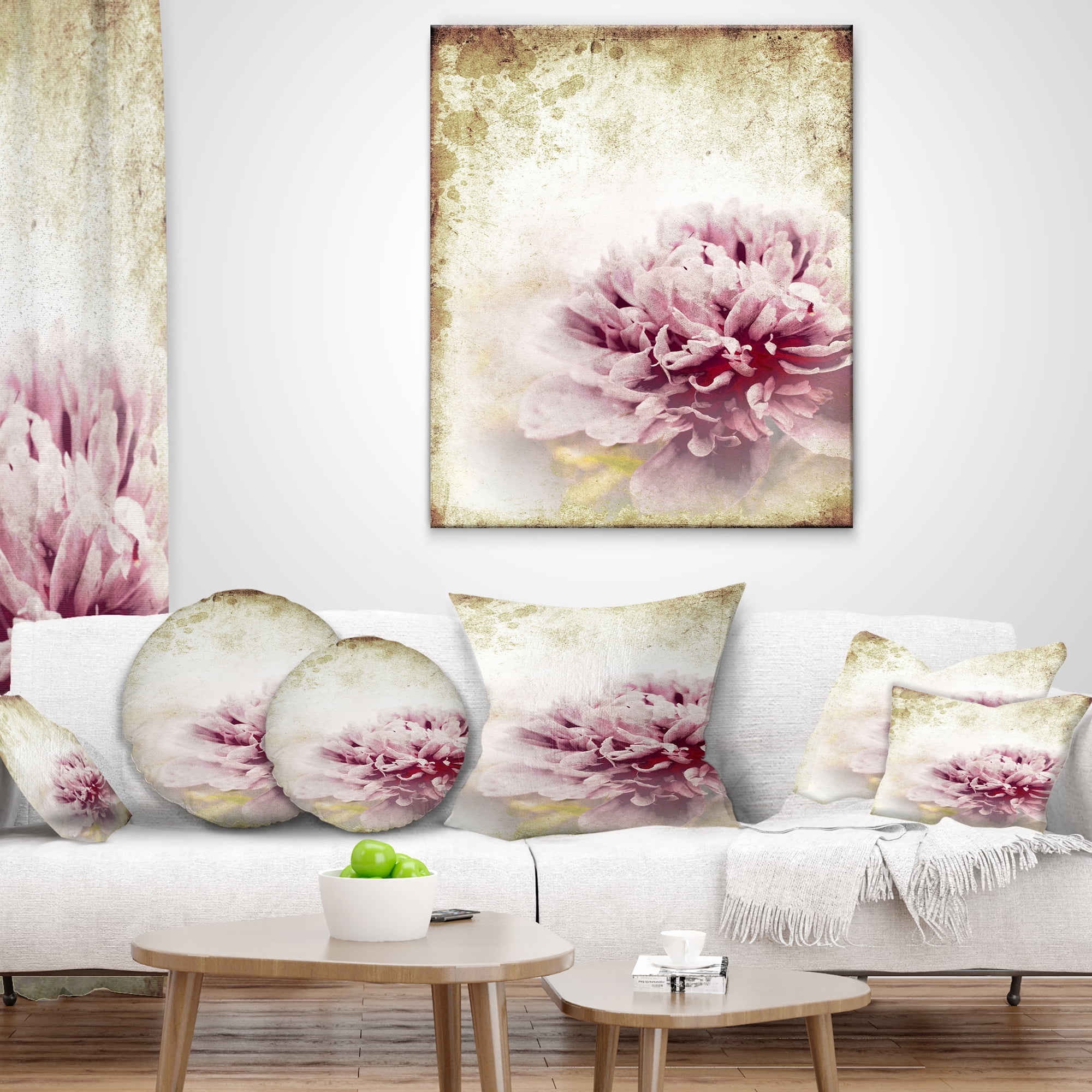 Designart Pink Peony in Vintage Style - Floral Throw Pillow - 18x18