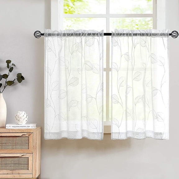 Curtainking Kitchen Curtains 26x36 inch Leaf Embroidered Sheer Kitchen Windows Small Cafe Curtains Rod Pocket 2 Panels White
