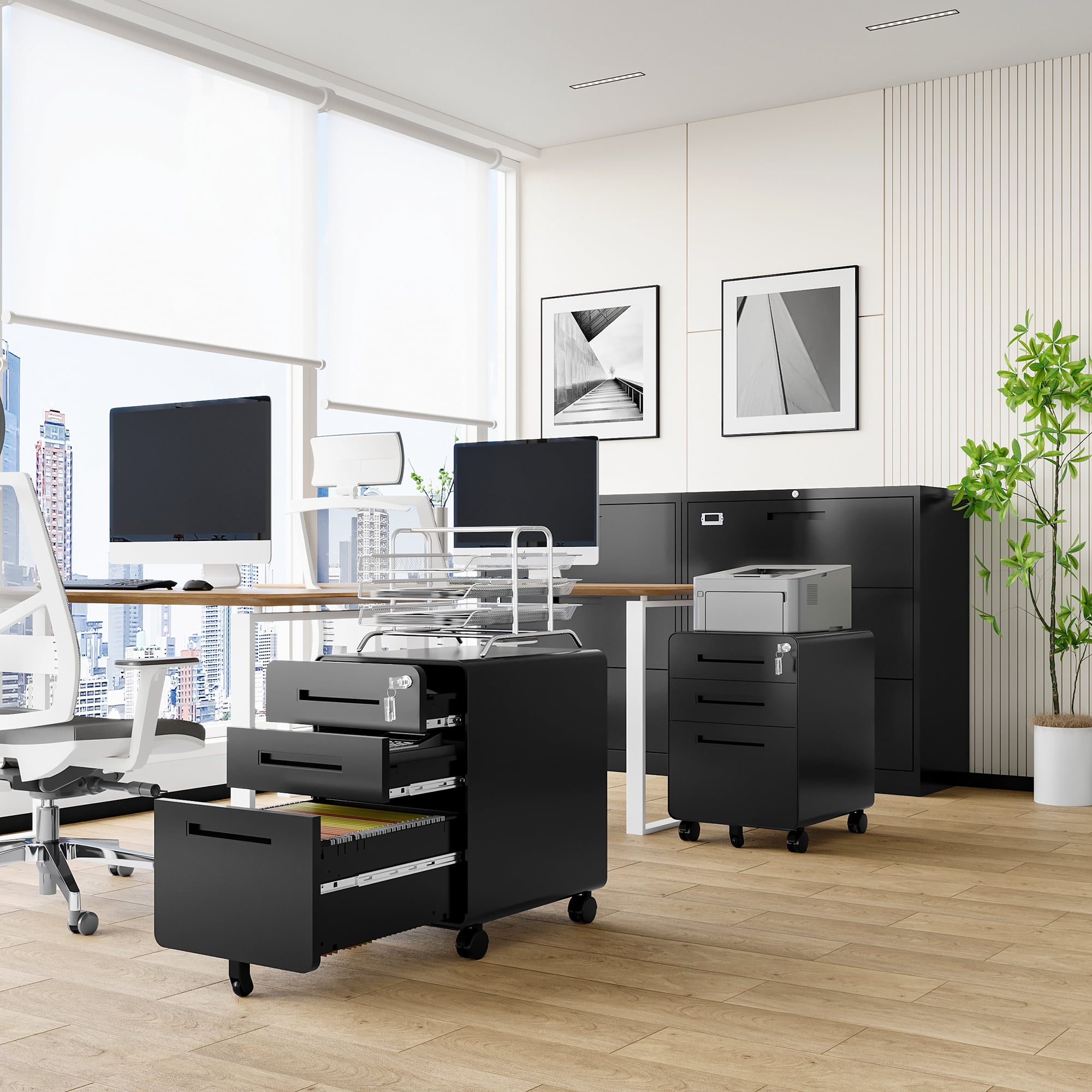 AUHUP 3 Drawer Mobile File Cabinet with Lock, Metal Filing Cabinet with Wheels for Legal/Letter/A4 File, Under Desk File Cabinets for Home Office,Black,Fully Assembled